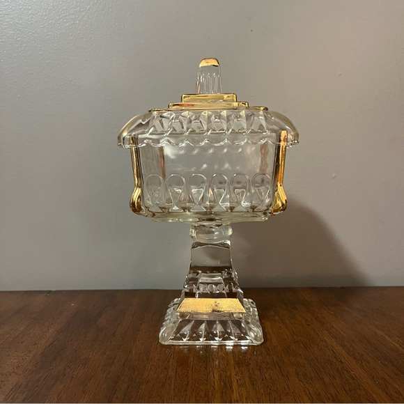 Mid-Century Modern gold-trimmed glass candy dish with a lid. - Picture 2 of 14
